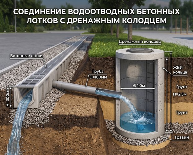 Соединение водоотводных бетонных лотков трубой с дренажным колодцем